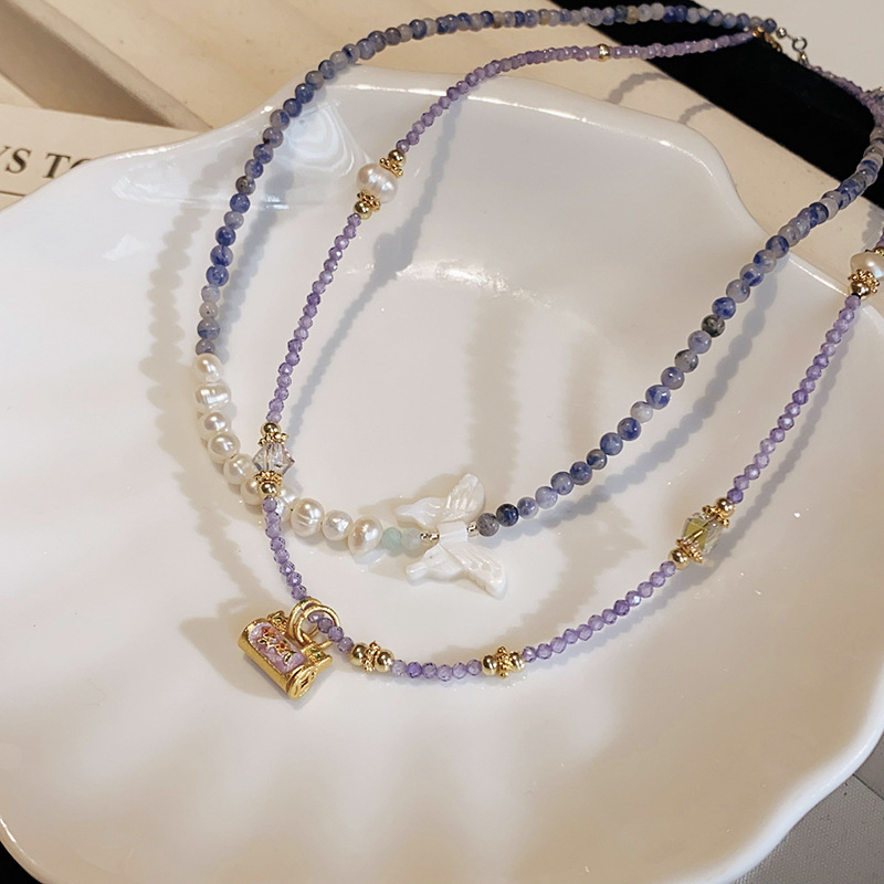 Purple Beaded Necklace With Baroque Pearl & Gold Tone Lock Pendant French Romantic Style Daily & Elegant Wear Gift For Her Delicate Jewelry