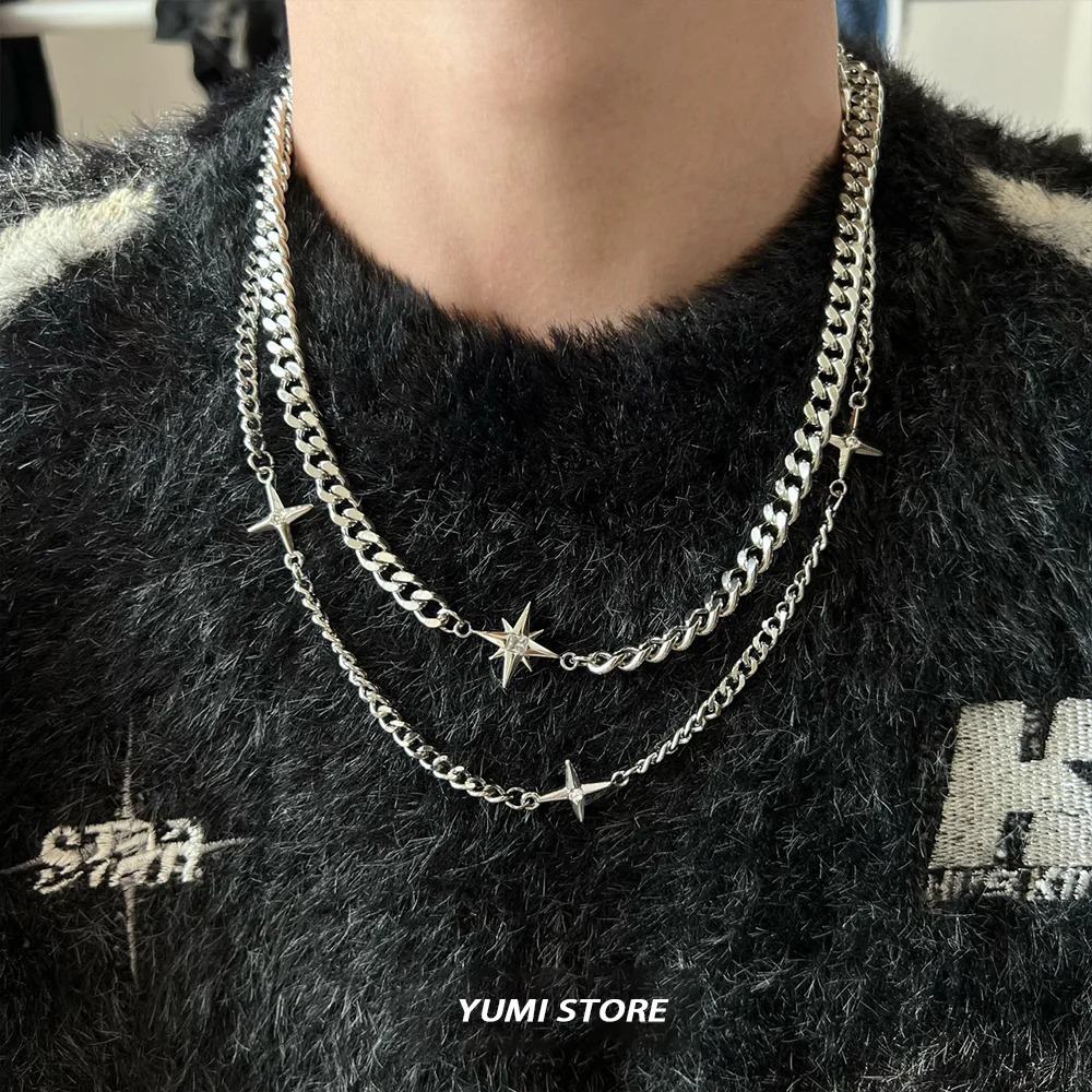 Hip Hop Doublelayer Star Cross Necklace For Man Woman Steel Clavicle Chain Choker Punk Male Accessories Wholesale 250905