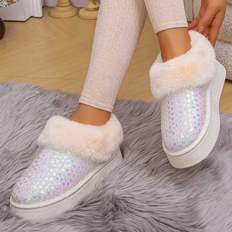 Fashion Bling Sequin Fur Snow Boots Women Comfy Slip On Thicken Plush Warm Winter Boots Woman Non Slip Faux Fur Ankle Booties L250905