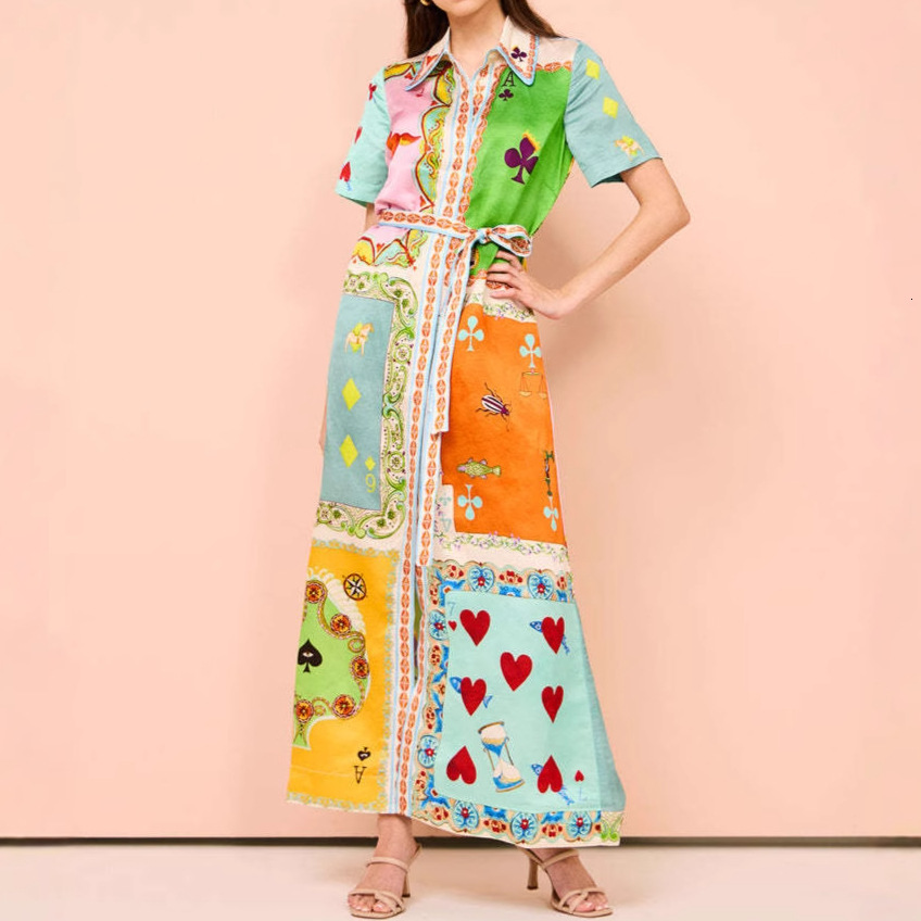 2025 Spring New Womens Fashion Elegant Printed Cardigan Lapel Tie Dress