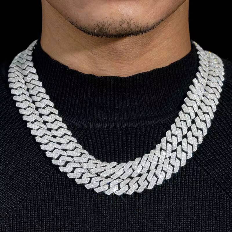 Sterling Silver 925 14MM Hip Hop Prong Chian Iced Out Moissanite Diamond Necklace Cuban Chain