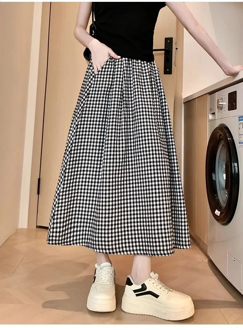 Black White Checkered Aline Skirt Women Summer Lightweight High Waisted Long for Petite Slimming Casual 250905