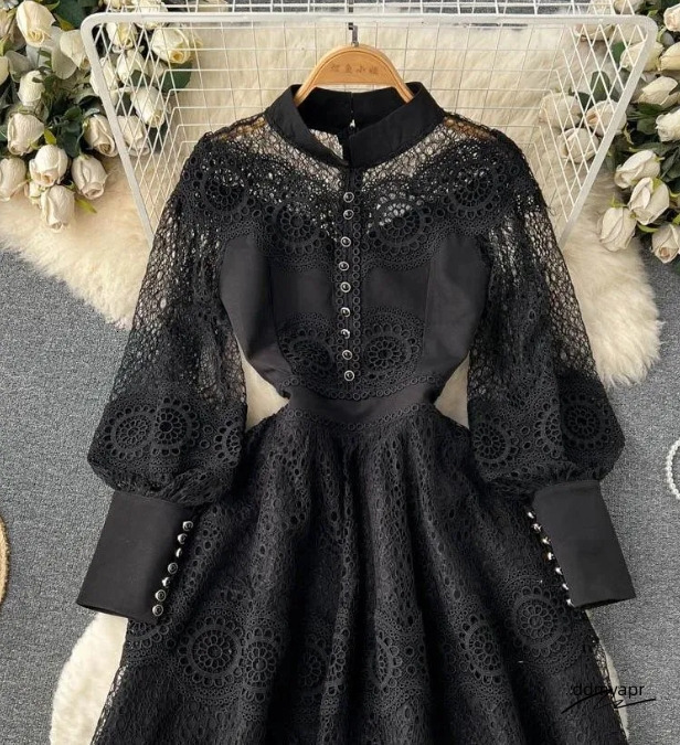 Summer Casual Dresses Vintage Flower Embroidery Hollow Out Lace White Dress Womens Stand ddmyday Collar Long Lantern Sleeve Pearls Buttons Party Vesti