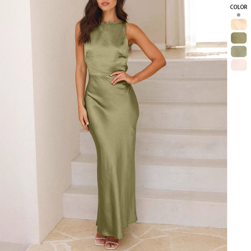 2025 Womens Long Mermaid Dress Solid Color Satin Sexy Backless Strap Dress Formal Dress for Women