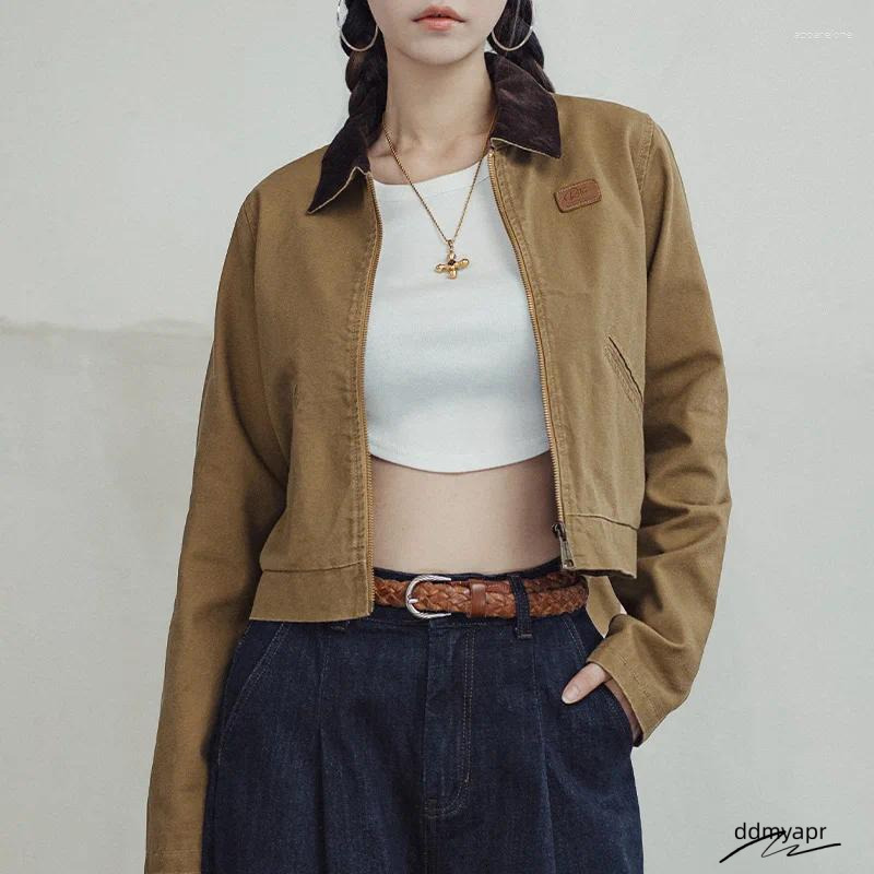 Bomber Ladies Women's Khaki Canvas Workwear Jacket With Turn-Down Collar ddmyday - Slim Fit Lightweight Spring Autumn Coat ddmyday ddmyday ddmyda