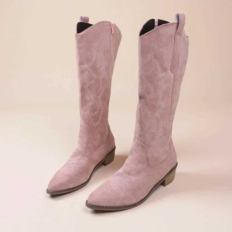 Embroidered Western Cowboy Boots for Women Autumn Pointed Toe Thick Heel High Knee Boots Woman Loose PU Leather Long Botas Mujer L250905