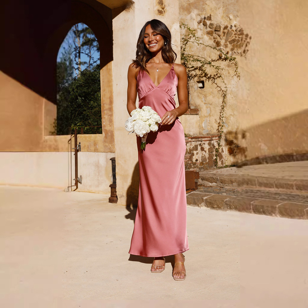 Womens New Fashion Sexy Long VNeck Sleeveless Slit Backless Strap Bodycon Dress