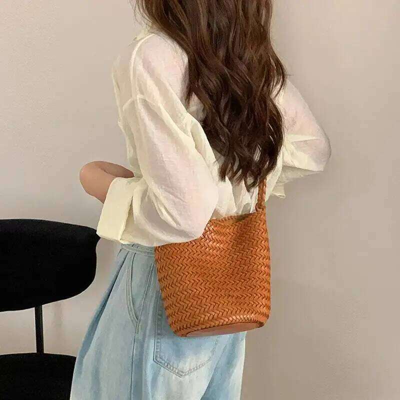 MOTAORA Bucket Bag for Women Crossbody Cowhide Leather Hand Woven Slant Top Handbag with Phone Pocket New Design