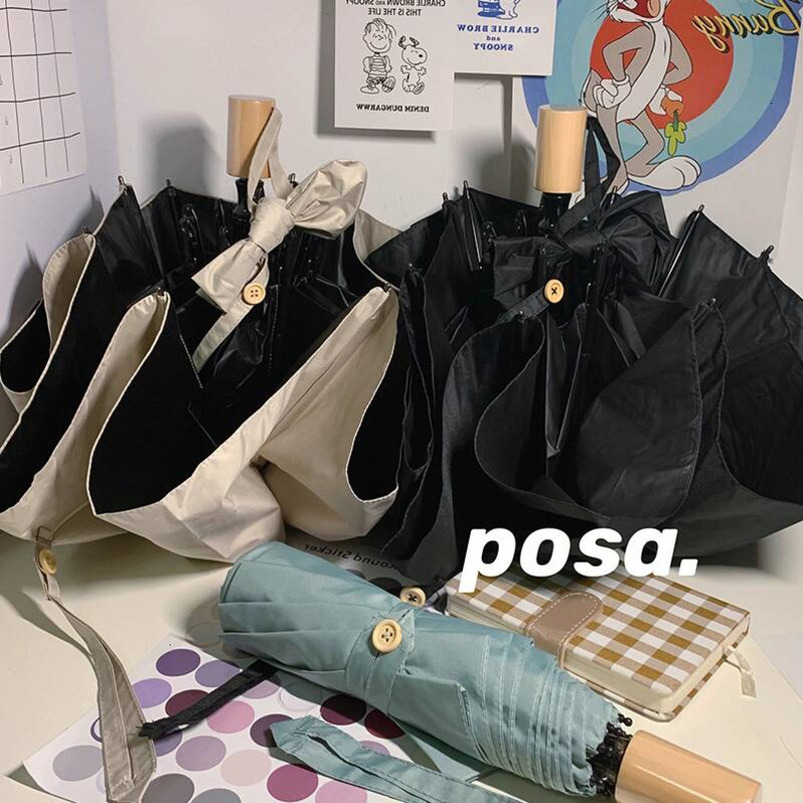Posa Korean Style Fresh Simple Black Coating Dual-use Solid Wood Handle Three-fold Folding Compact Portable Sunshade Rain Umbrella