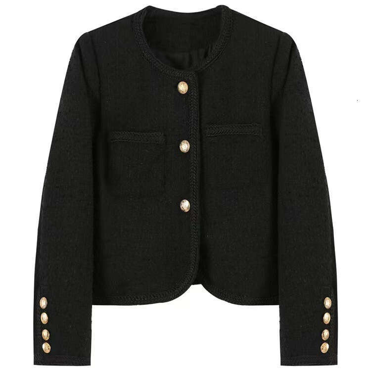 Wool Tweed Spring Outfit Elegant Socialite Style Black And White Metal Button Coat Women's Clothing B5