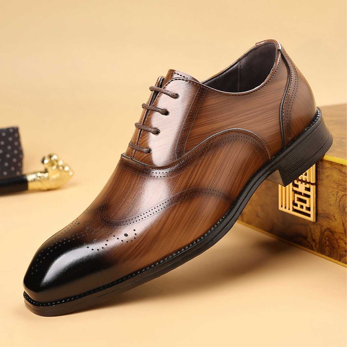 HPIOPL Quality 5505 Imitation Wood Grain Brogue Square Toe Shoes New Leather Shoes
