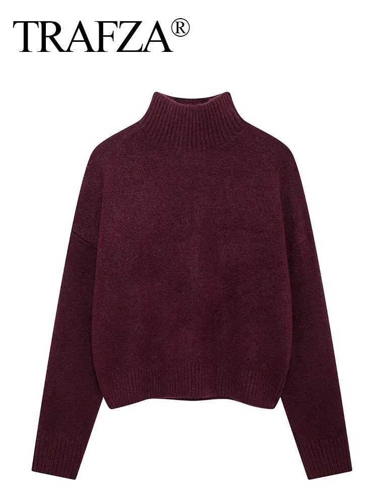 TRAFZA Women Vintage Burgundy Turtleneck Sweater Casual Long Sleeve Knitted Pullover Autumn Winter Women Solid Warm Knitwear Z250905