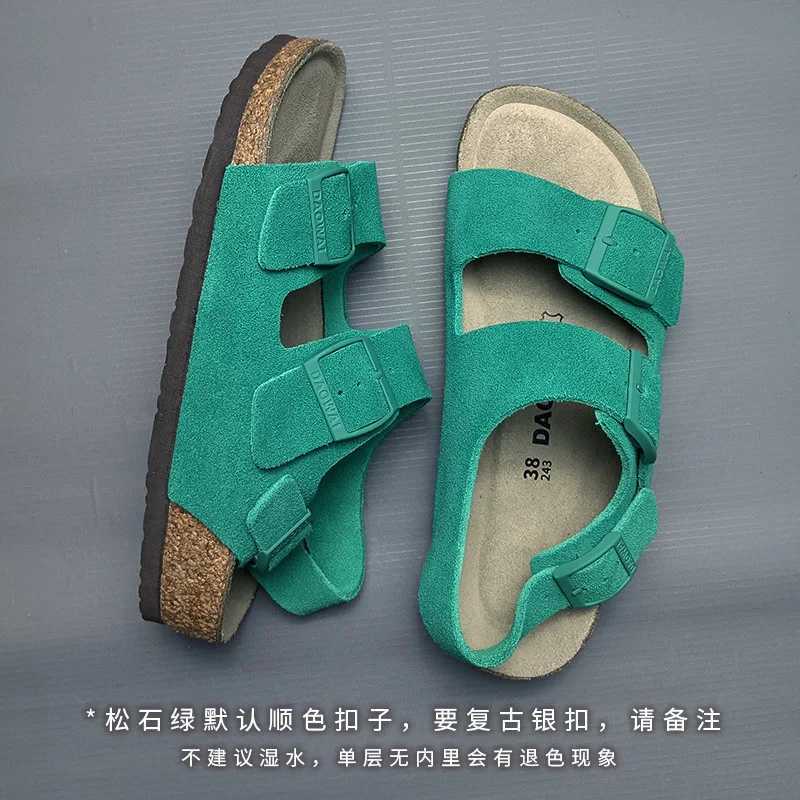 Classic Cork Sandals For Women Men Soft Cow Suede Leather Thick Sole Cork Slippers Summer Home Flat Sandals with Arch Support W250905