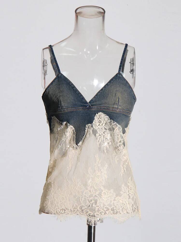 2025 new denim sexy women's S two-piece design set V-neck sleeveless slim fit vest high waist loose jeans patchwork lace set women's summer 