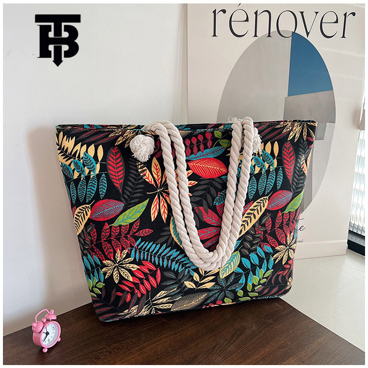 TB BHULAMTE Designer Luxury Bag Bag Cross-border New Canvas Large Capacity Tote Bag Ethnic Style Striped Thick Rope Shoulder Bag For Work Commute Hand