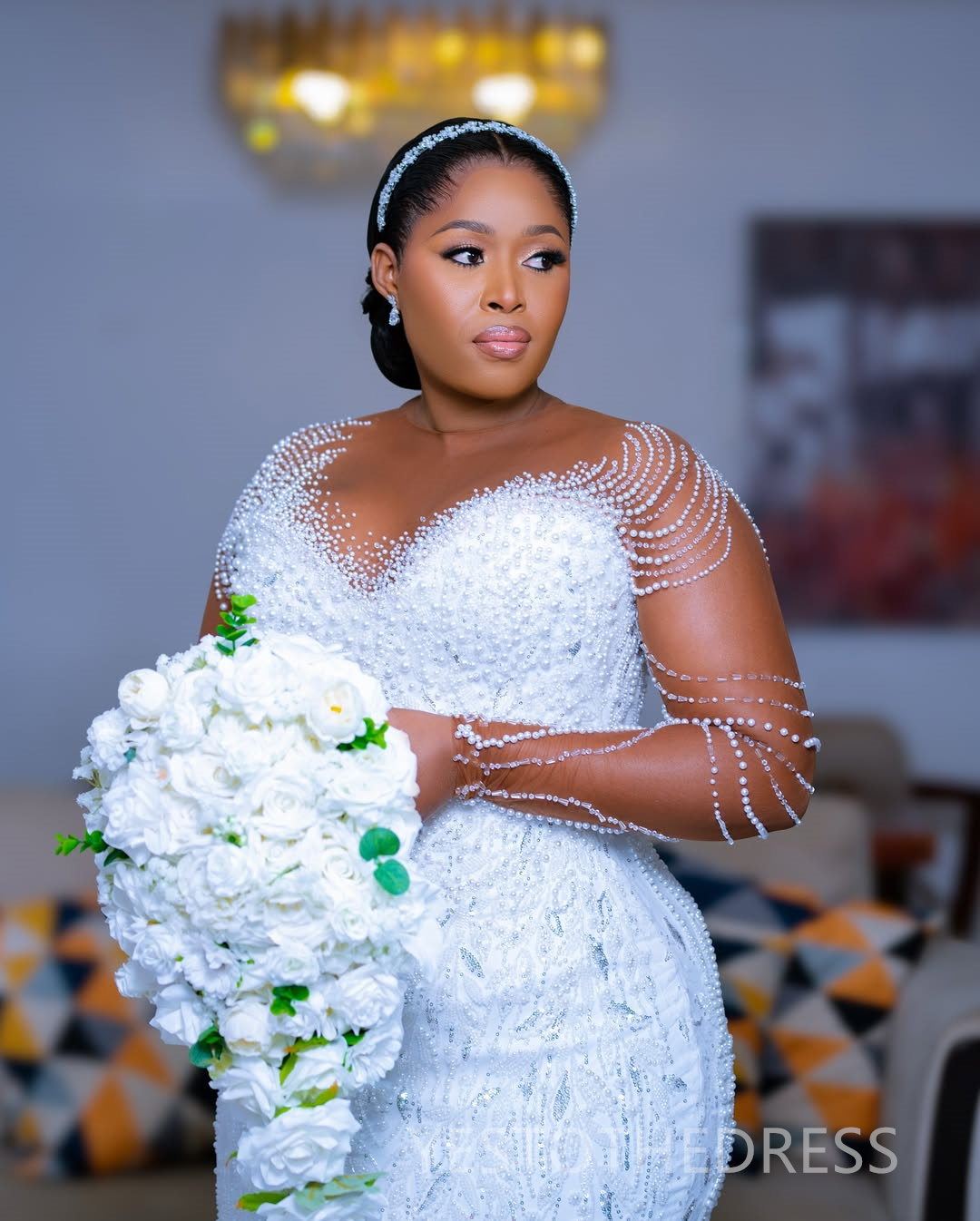 2025 Plus Size Wedding Dress Bridal Gowns For Bride Mermaid Detachable Train Illusion Long Sleeves Pearls Beaded Lace Bridal Dress For African Black G