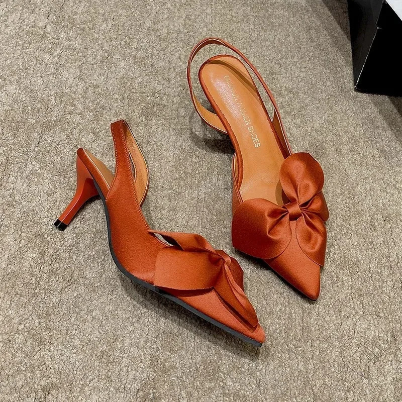 Lady Kitten Heels Back Strap Sandals Silk Statin Big Bow Fashionable Shoes 7cm Pumps In Orange Green 42 250905