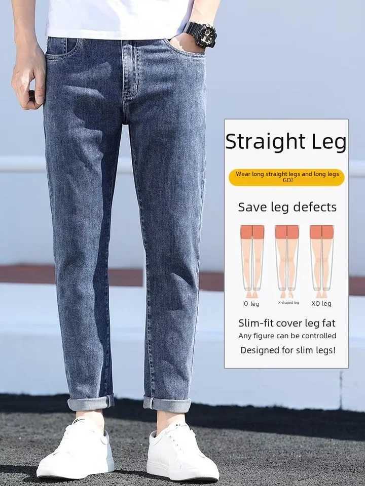 New 2023 Spring Summer Elastic 9 Points Jeans Mens Trendy Brand Straightleg Slimming Smooth Waist Casual Style Denim Trousers W250905