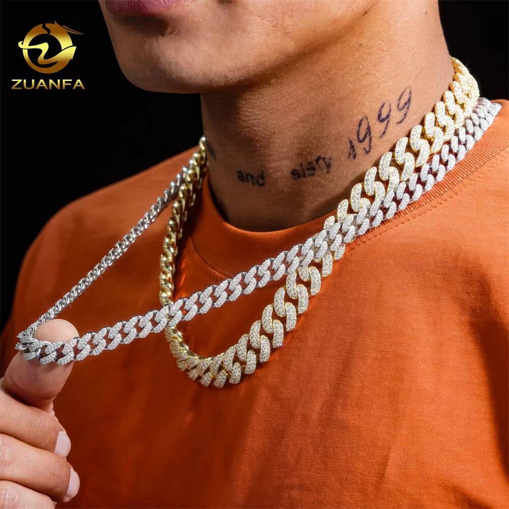 Yellow Gold White Gold Over Silver 10mm 18mm Iced Out SOLID Miami Cuban Link VVS Moissanite Iced Out Diamond Cuban Link Chain