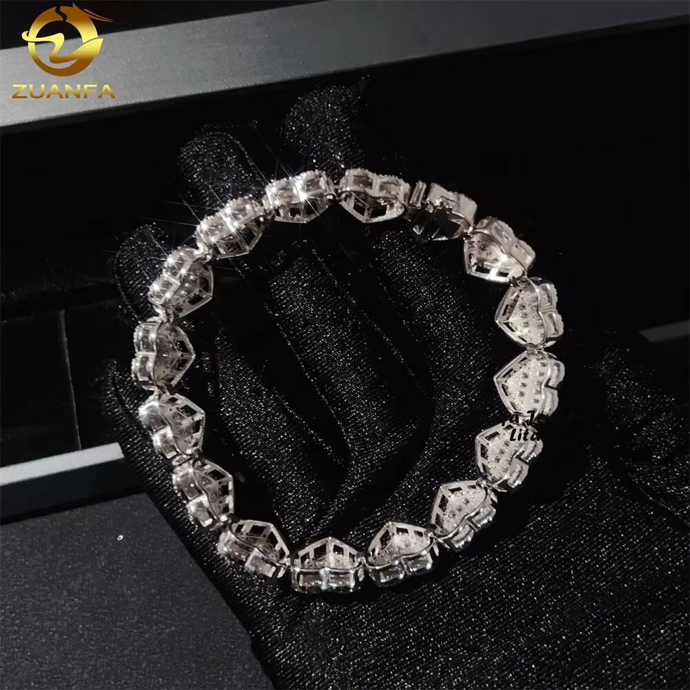 Hip Hop Fashion Heart Shape Baguette Design 925 Silver 13mm Moissanite Cuban Link Bracelet