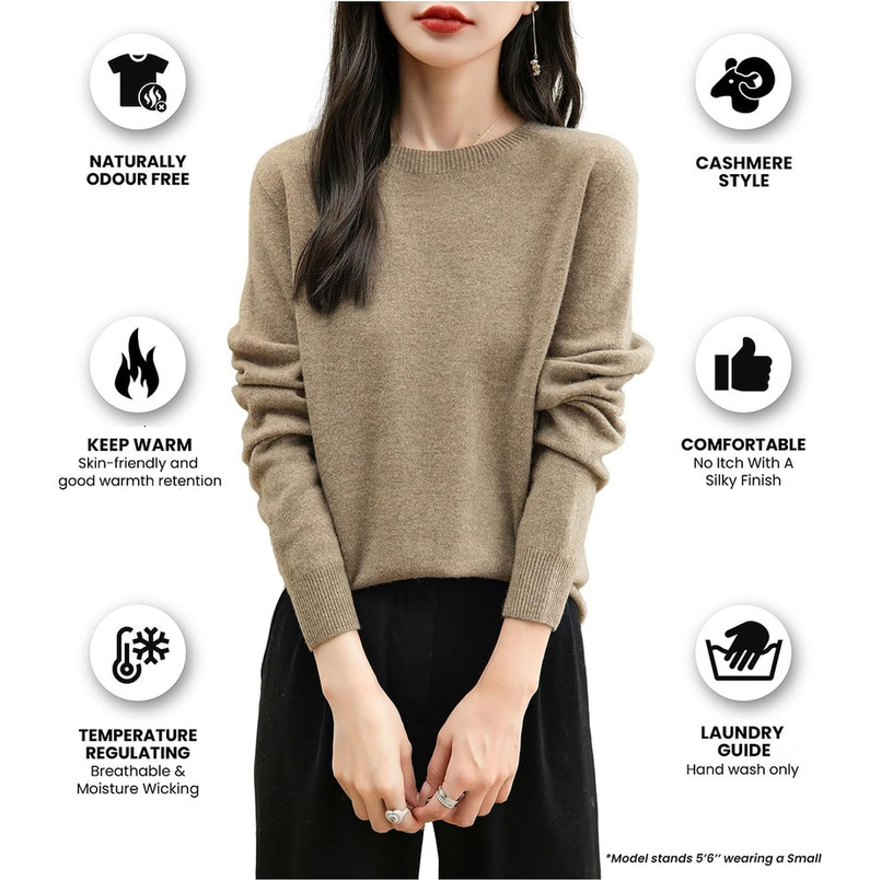 Women's 100% Merino Wool 2025 Fall Winter First-Line Ready to Wear Long Sleeve Seamless Knit Crewneck Sweater