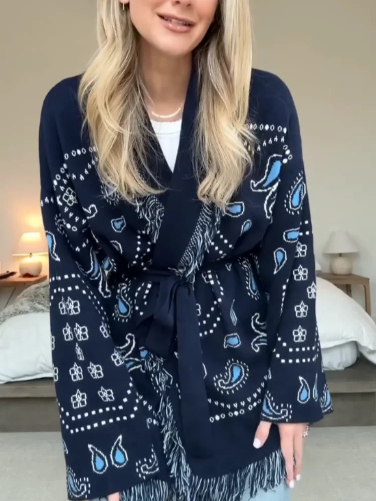 Tassel Patchwork Printed Cardigan Women Geometric Patterns Belts Vneck Long Sleeve Knitted Street Lady Sweater 2025 Autumn Coat250905