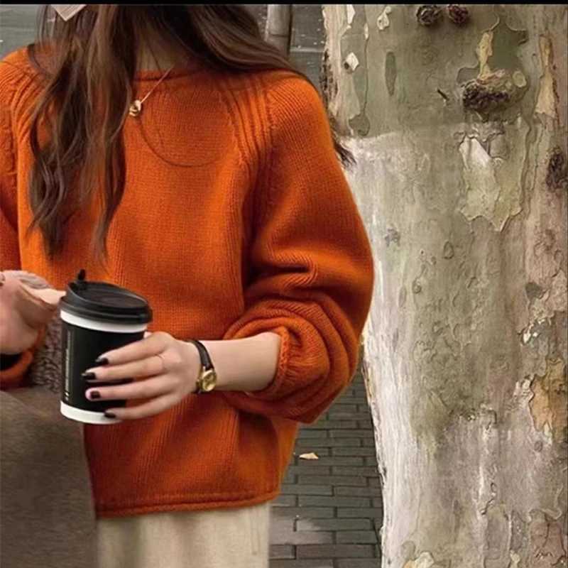 Autumnwinter New Loose Solid Color Knitted Base Top Casual Long Sleeved ONeck Sweater Sweet Lantern Sleeve Womens Sweater Z250905