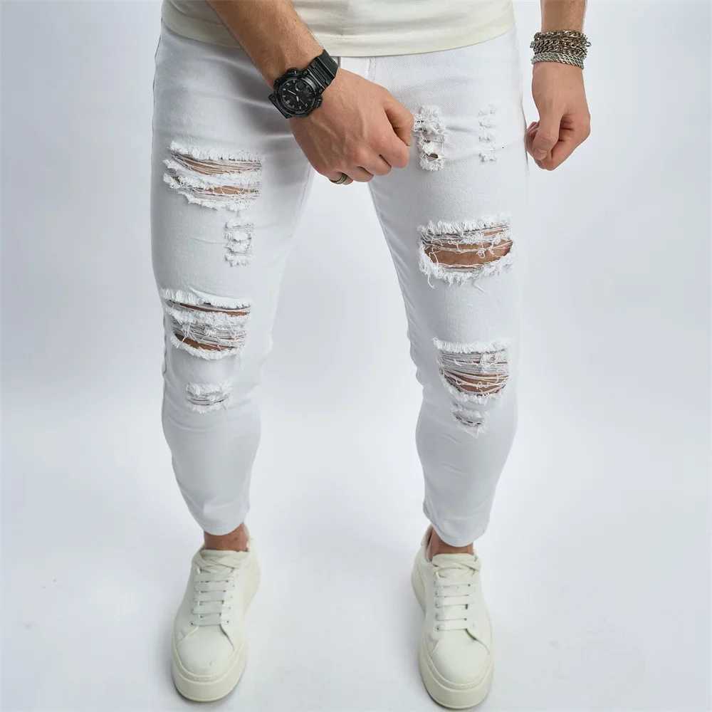Mens Street Distressed White Skinny Jeans Men Good Quality Stylish HipHop Holes Slim Stretch Pencil Denim Pants W250905