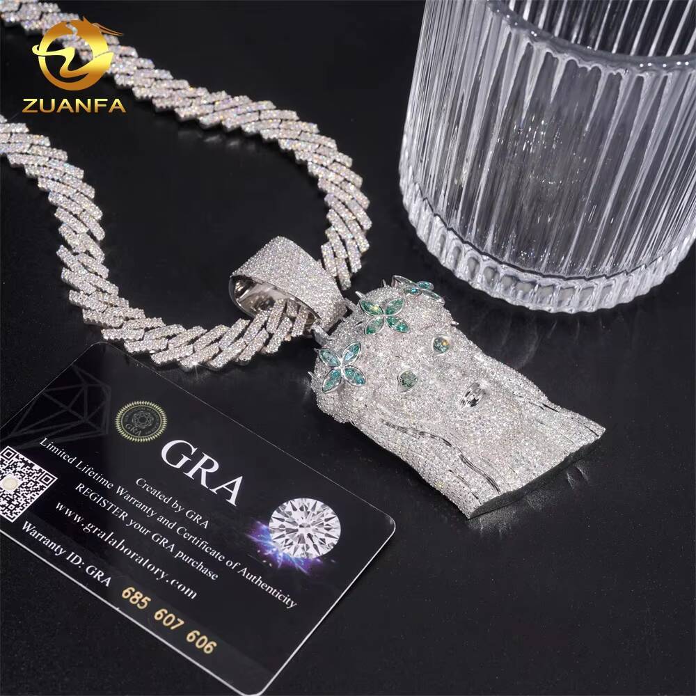 Hip Hop Style Blue Green Diamond Personalized 925 Silver Moissanite Jesus Head Pendant