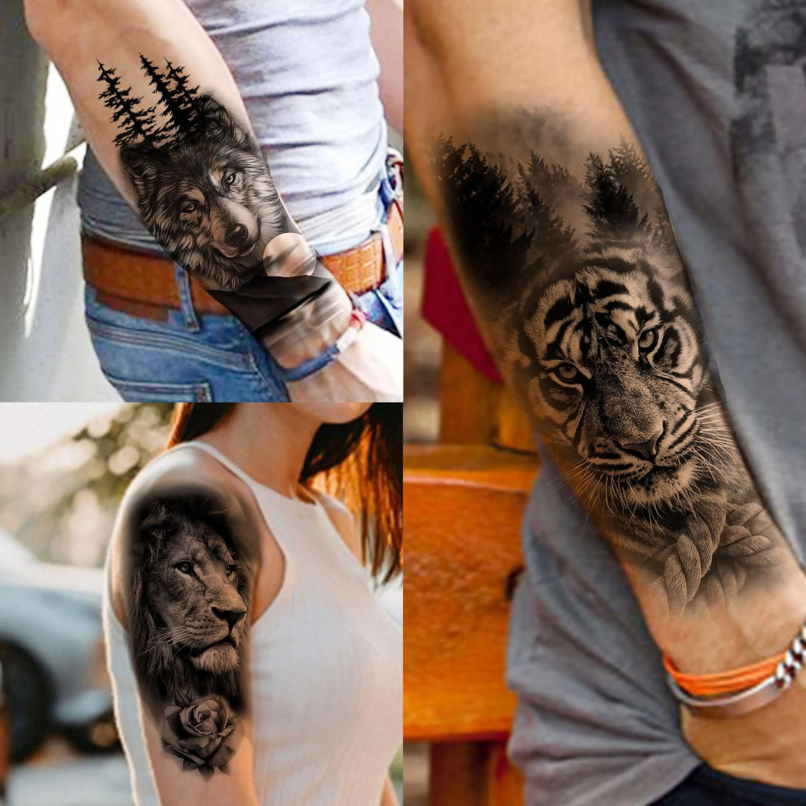 Waterproof Temporary Tattoo Sticker Forest Lion Tiger Bear Flash Leopard Wolf Crown Body Art Arm Tatoo Men 250825