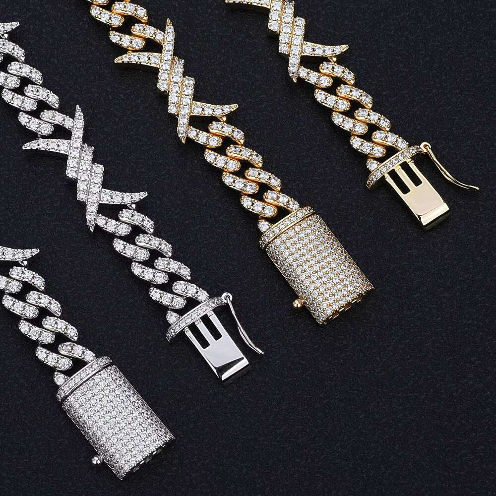 10mm Hip Hop Punk Sterling Sier Iced Out Barbed Wire Knot Thorn Moissanite Cuban Link Chain