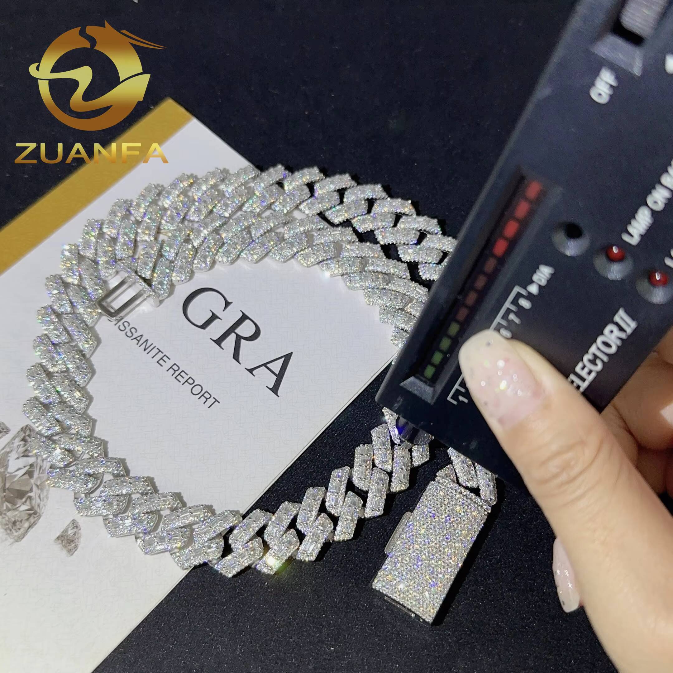 Buss Down 15mm Baguette Cut Cuban Link Chain Moissanite Hip Hop Jewelry 925 Silver Iced Out Cuban Link Pass Tester Men Chain