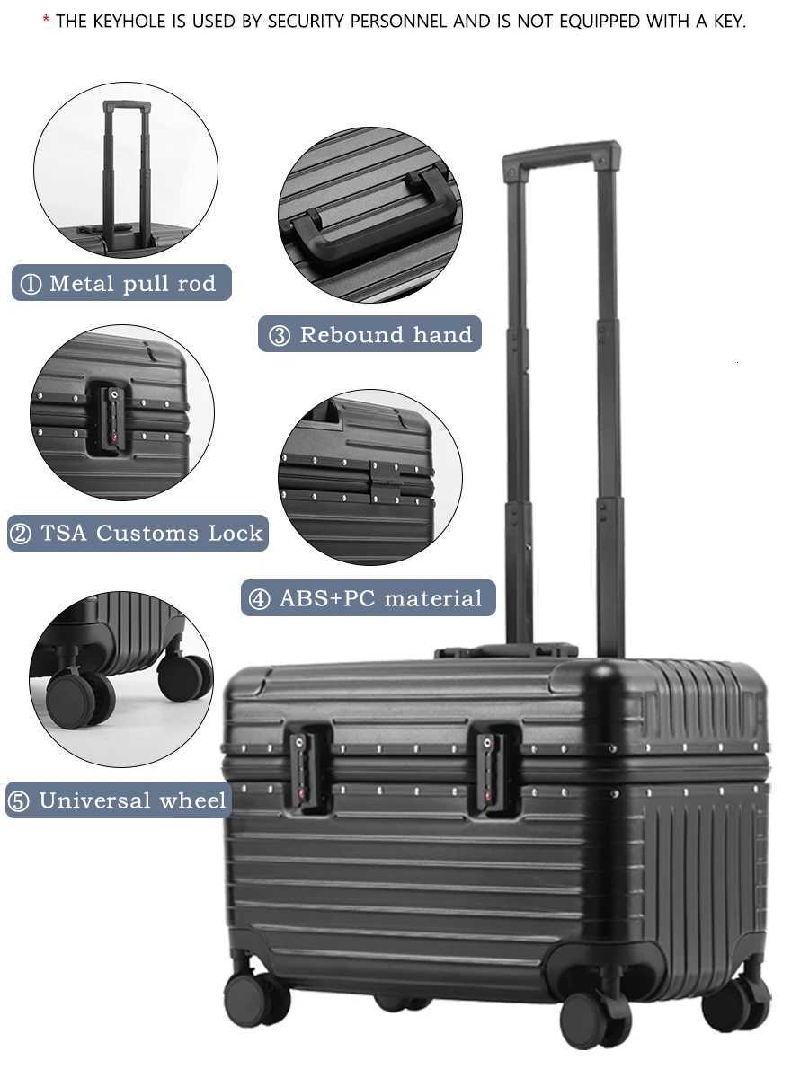 20Inch Aluminum Alloy Frame Suitcase ABSPC Material Open Upper Cover Boarding Case TSA Customs Password Lock Universal Wheel Z250905