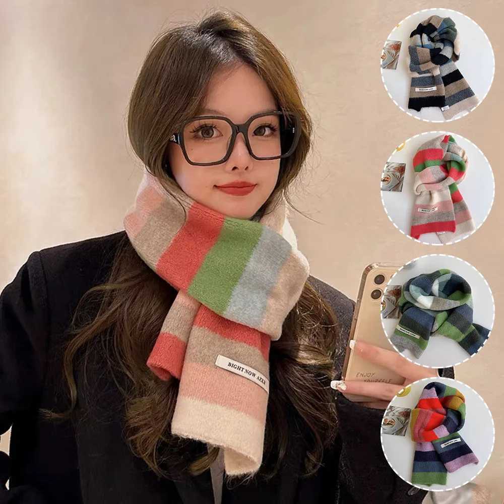Autumn Winter Scarf Thick Neckerchief Shl Wool Knit Neck Warmer Striped Elastic Knitted Scarves Rainbow Stripes Mohair ScarfXJ250905