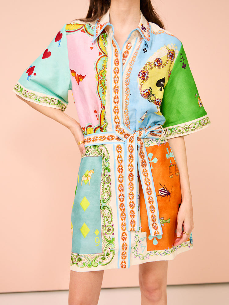 2025 SpringSummer Womens HighEnd Printed Vacation Lapel WaistCinching ShortSleeve Dress