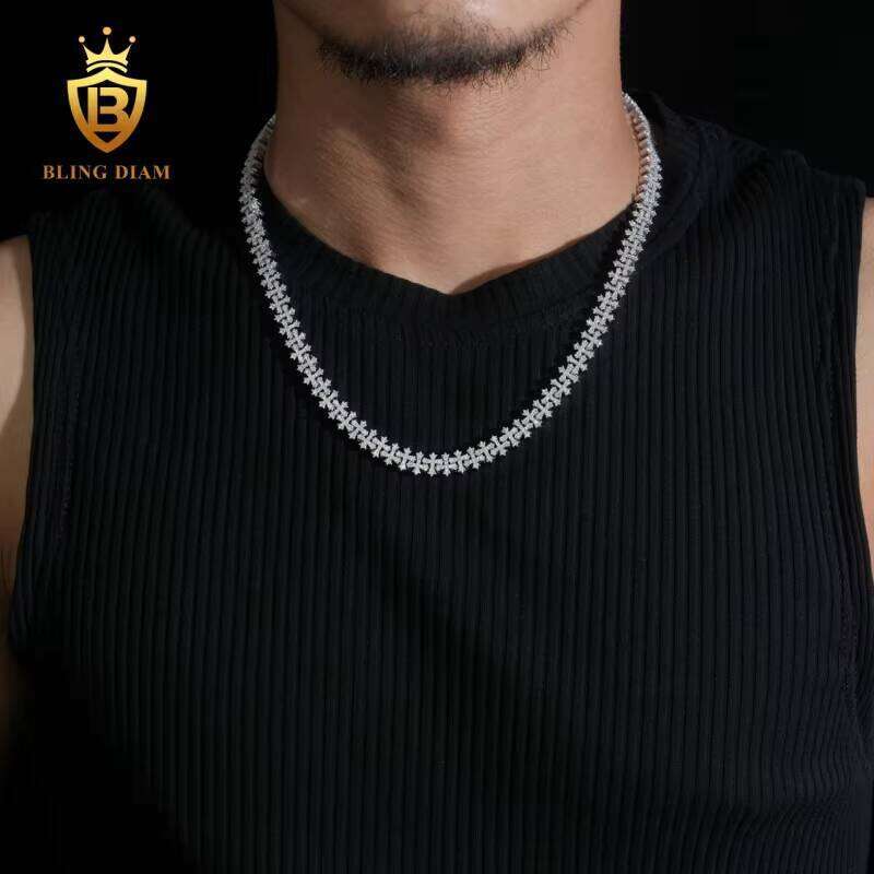 Fashion 8.5mm Cuban Chain Pass Tester VVS Moissanite Cross Necklace Sterling Sier Past Dia Test GRA