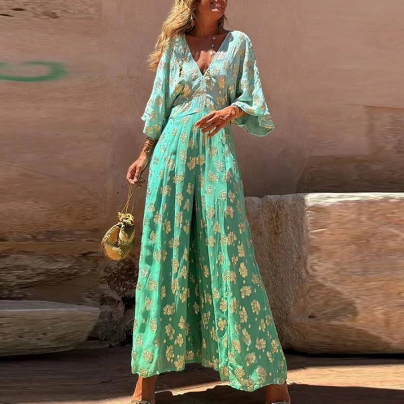 2025 new V-neck loose slit design pants one-piece elegant printed vest women's bell bottom pants hollowed out back beach jumpsuit designer clothi