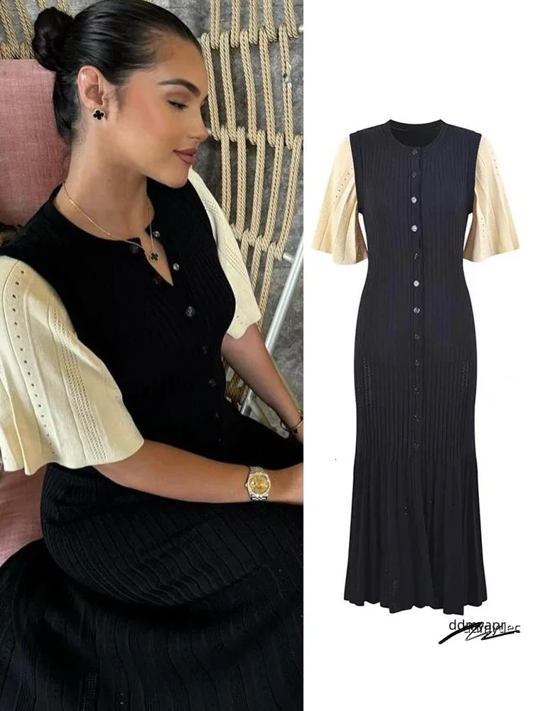 Chic Patchwork Knitted Maxi Dress For Ddmydec Women Elegant Short Sleeve Hollow Out Ribbed Long Dresses O-Neck High Waist Lady Knitwear 240828 Ddmydec