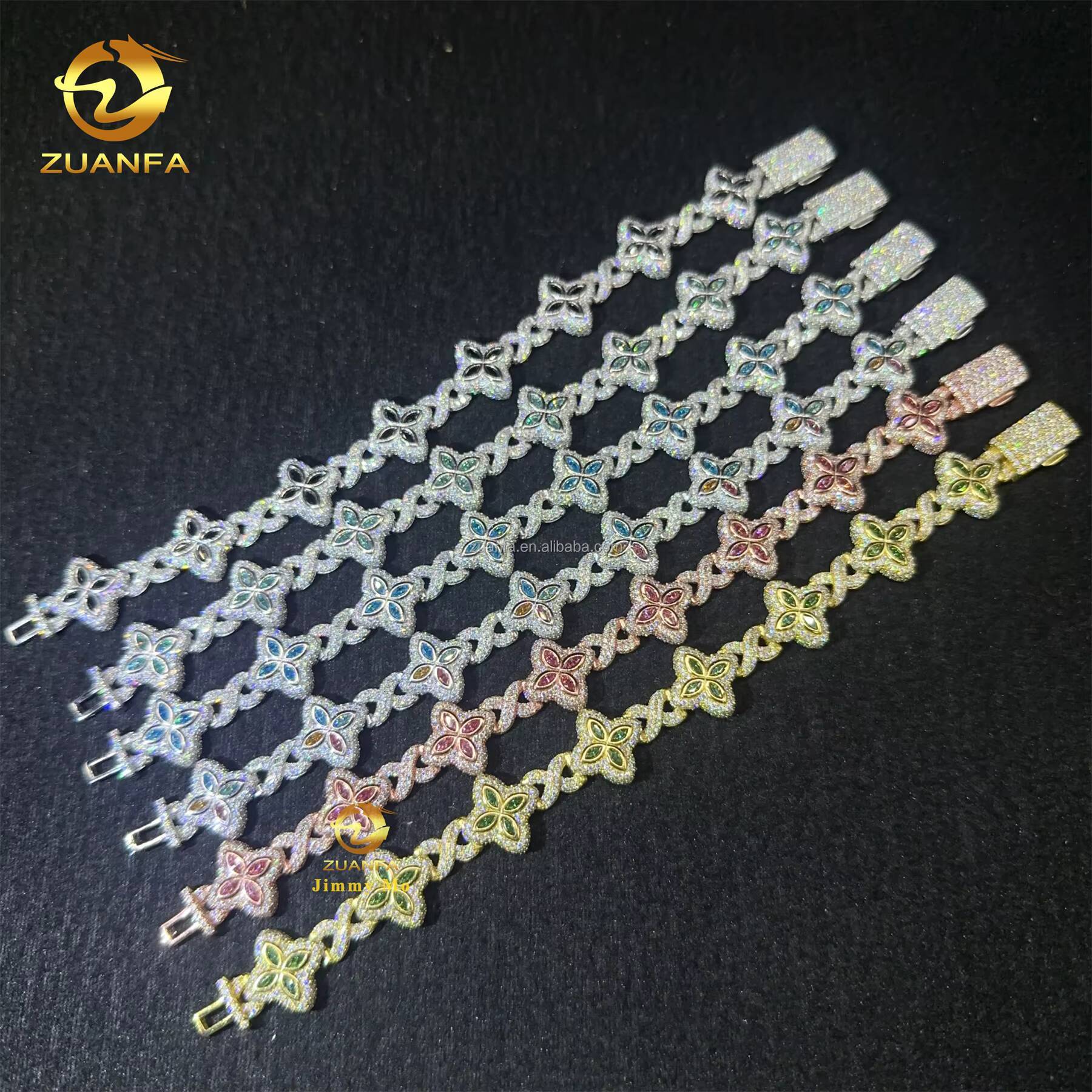 Bulk Stock New Design 15mm Marquise Flower Design Hip Hop Jewelry Iced Out Moissanite Diamond Infinity Cuban Link Bracelet Men