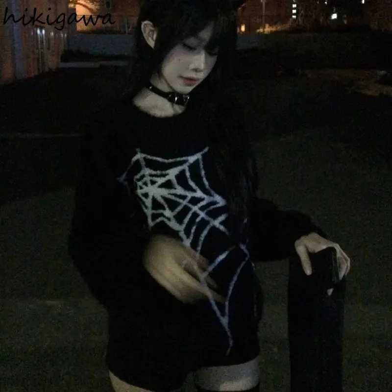 Korean Pullovers Women Clothing Streetwear Spider Web Jacquard Harajuku Jumper Pull Femme Chic Casual Knitted Oversized Sweater Z250905
