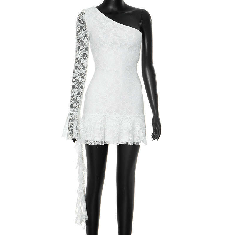 Women's Autumn New Fashion Single Shoulder Ruffle Ribbon Long Sleeve Short Dress