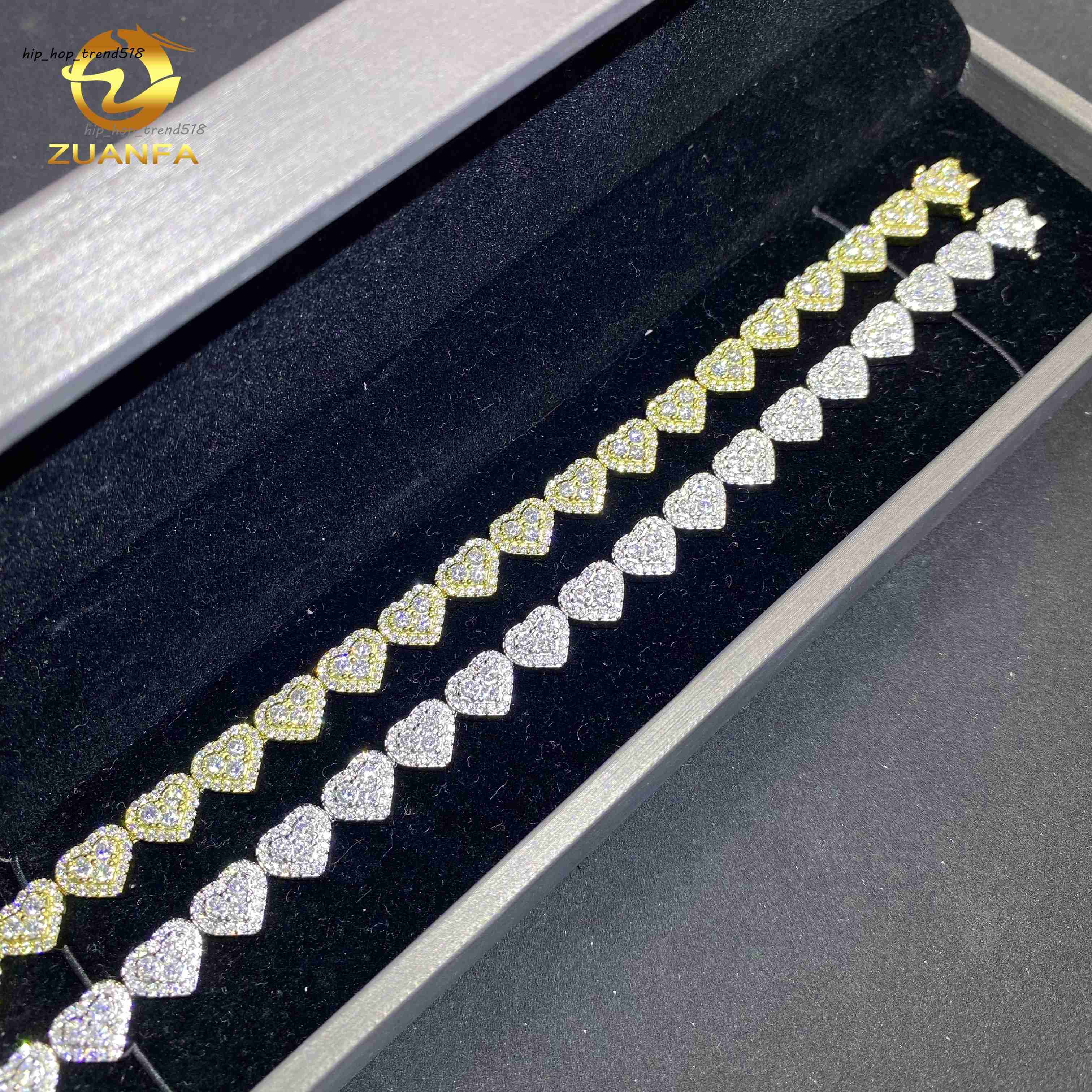 8mm Heart Shape Hip Hop Jewelry Iced Out Diamond Cuban Link Chain 925 Sliver VVS Moissanite Miami Cuban Chain Bracelet