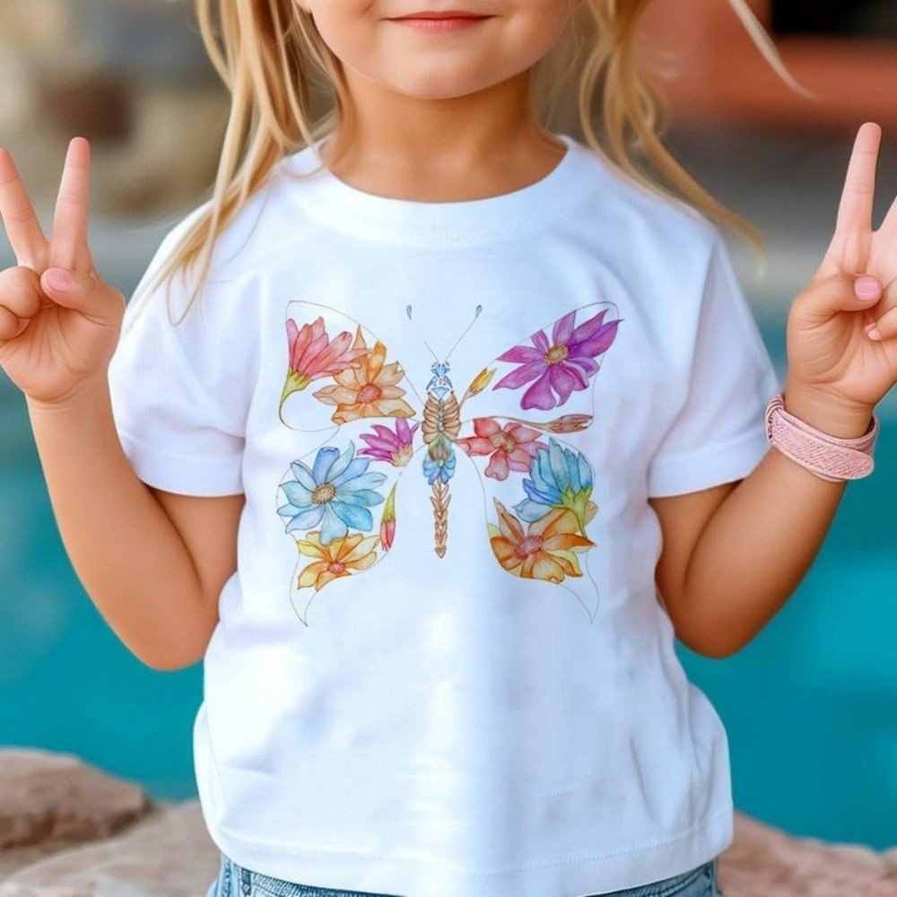 New Butterfly Print Pattern Combed Cotton Girls' T-Shirt Summer Children's Clothing Short-Sleeve Kids' Fashion T-Shirt - VT2980