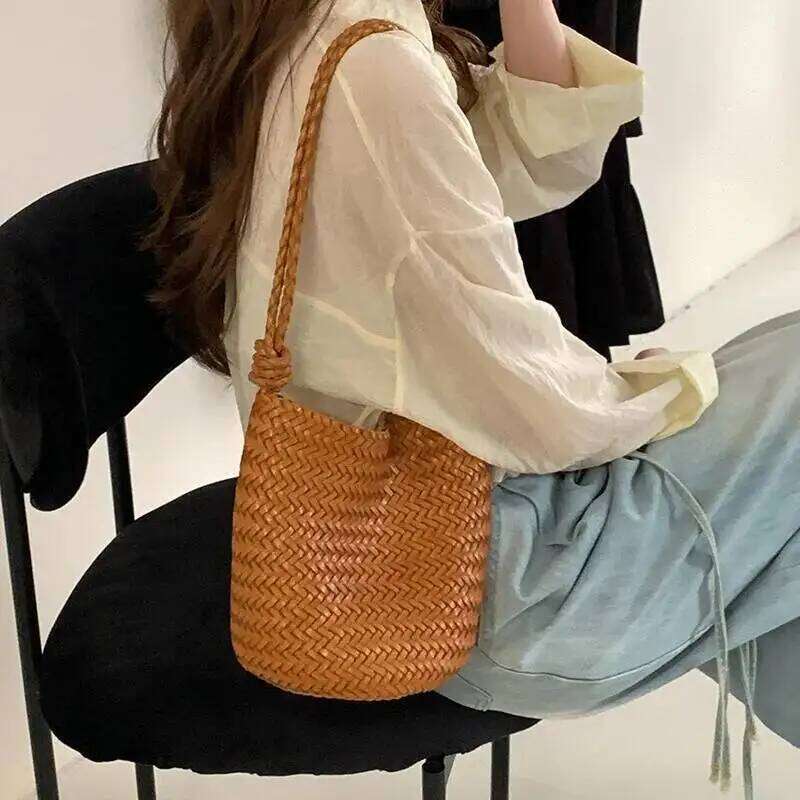 MOTAORA Bucket Bag for Women Crossbody Cowhide Leather Hand Woven Slant Top Handbag with Phone Pocket New Design