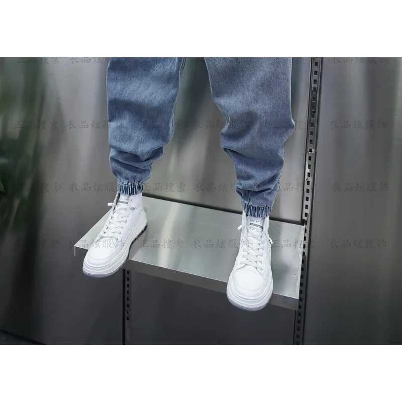 2025 New Mens Loose Spring Autumn Low Rise Denim Drawstring Waist Harem Pants Elastic Cuffs Blue Streetwear Clothing Trousers W250905