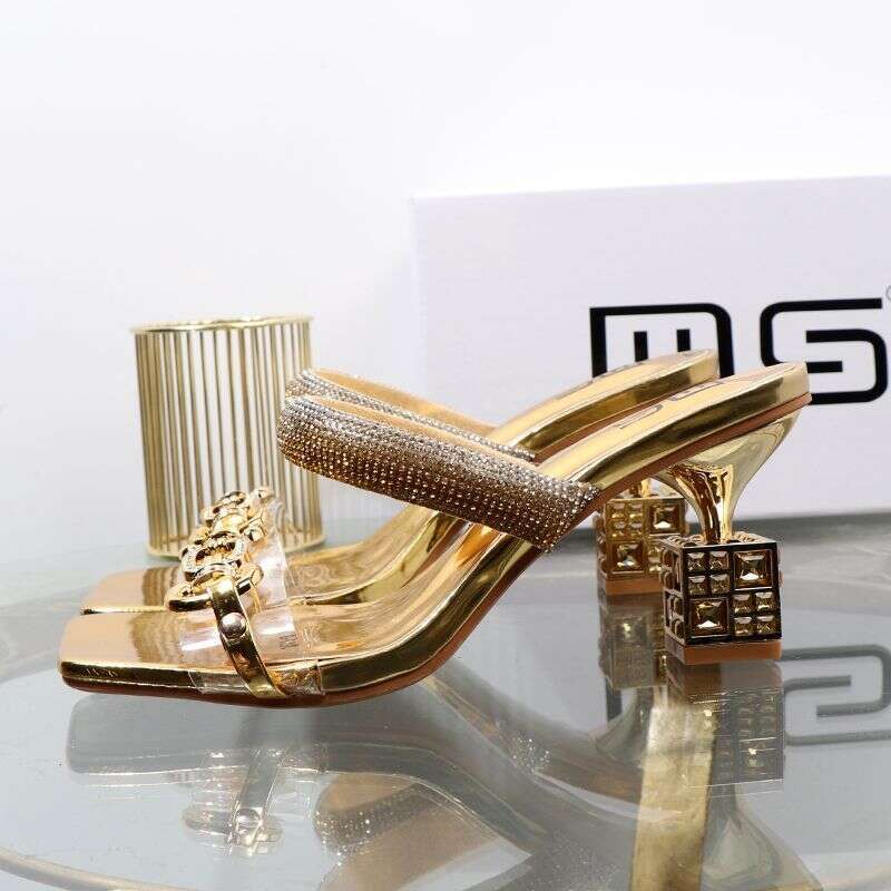 High Aesthetic Gold One Word Slipper 2024 Summer New Fashion Thick Irregular Metal High Heel External Wear Sandal