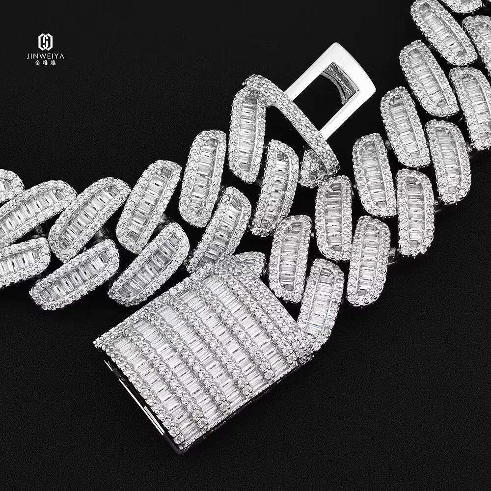 Sier VVS Moissanite 24mm Baguette VVS Moissanite Setting Iced Heavy Link Necklace for Men Miami Cuban Chain Style