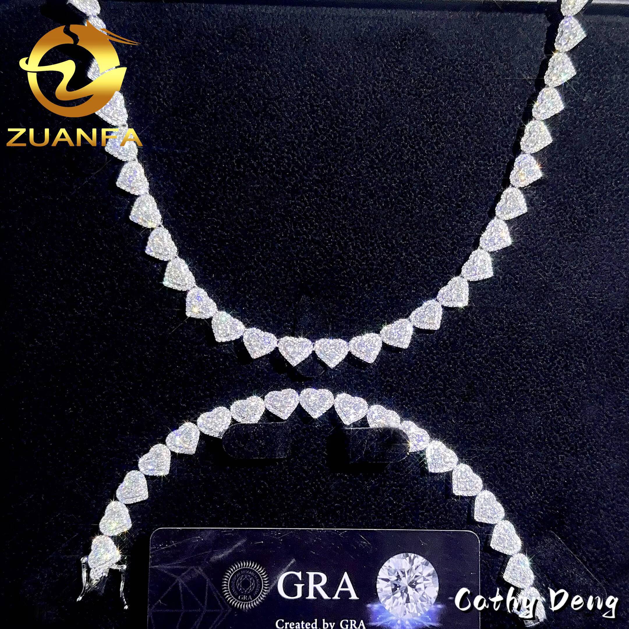 Hot Sale 925 Sterling Silver 8mm Moissanite Heart Design Women Men Fashion Hip Hop Iced Out Cuban Link Chain Bracelet Set