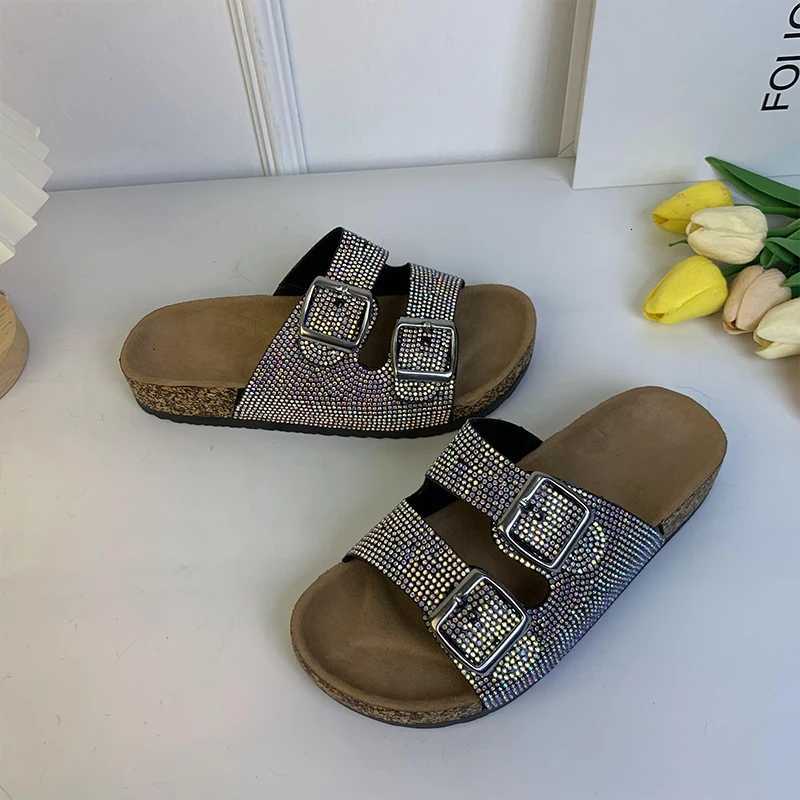 Fashion Imitation WoodGrain Sandals Women Diamond Sequins Double Buckle Womens Flat Slippers Fall and Winter New Shoes W250905