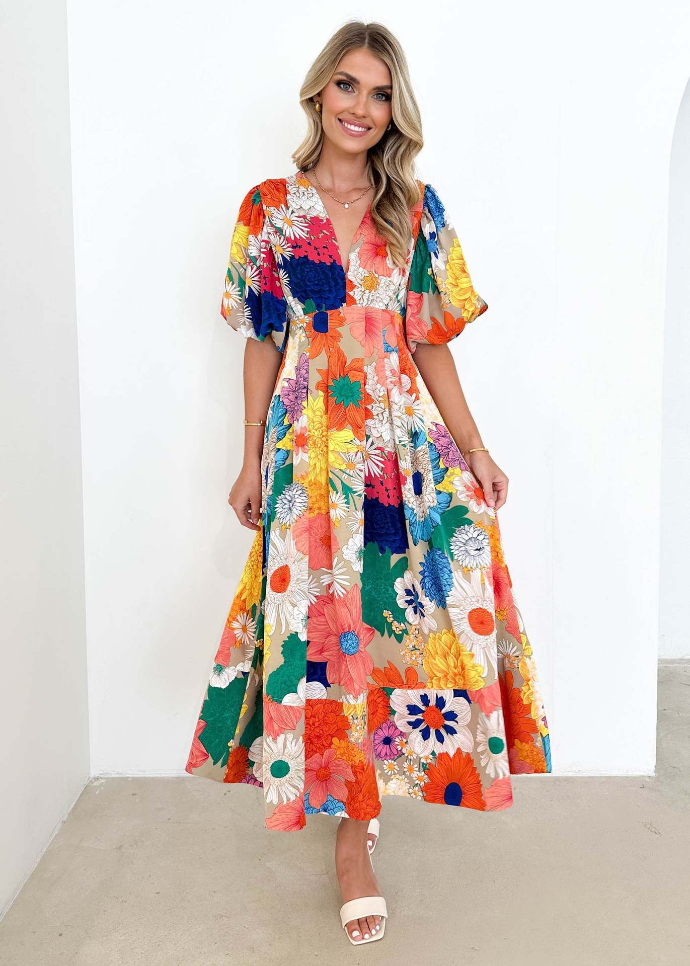 Womens Summer New Floral Print Puff Sleeve Aline Long Dress Elegant Dress